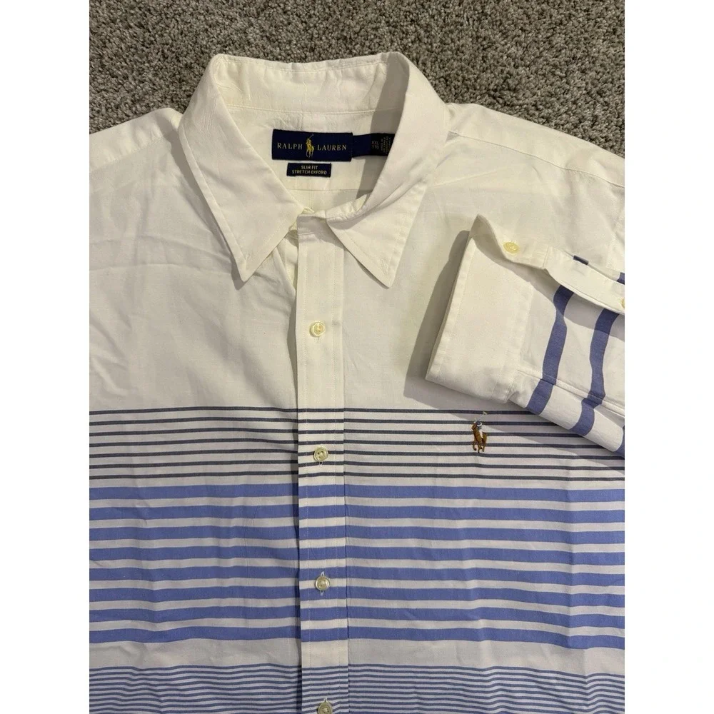 Polo Ralph Lauren Slim Fit 2XL Stretch Oxford White Purple Stripe Shirt‎ Stripe